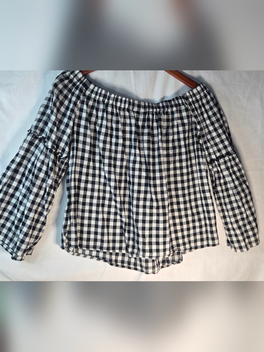 Who What Wear Blk/White Gingham Off Shoulder Bell Quarter Sleeve Top Women Sz L
